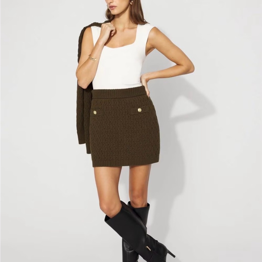 White House Black Market Olive Cable-Knit Mini Skirt with Gold Buttons